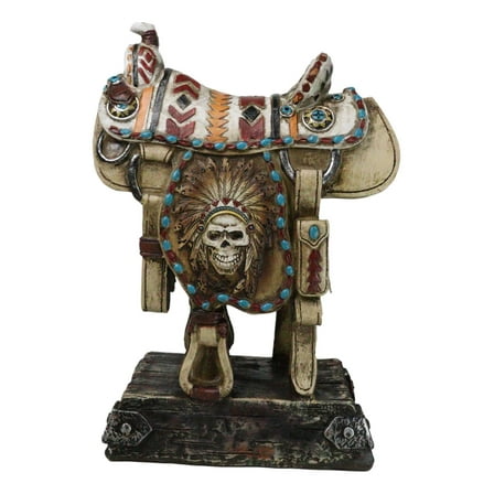 Rustic Southwest Indian Chieftain Roach Skull Cowboy Horse Saddle Figurine