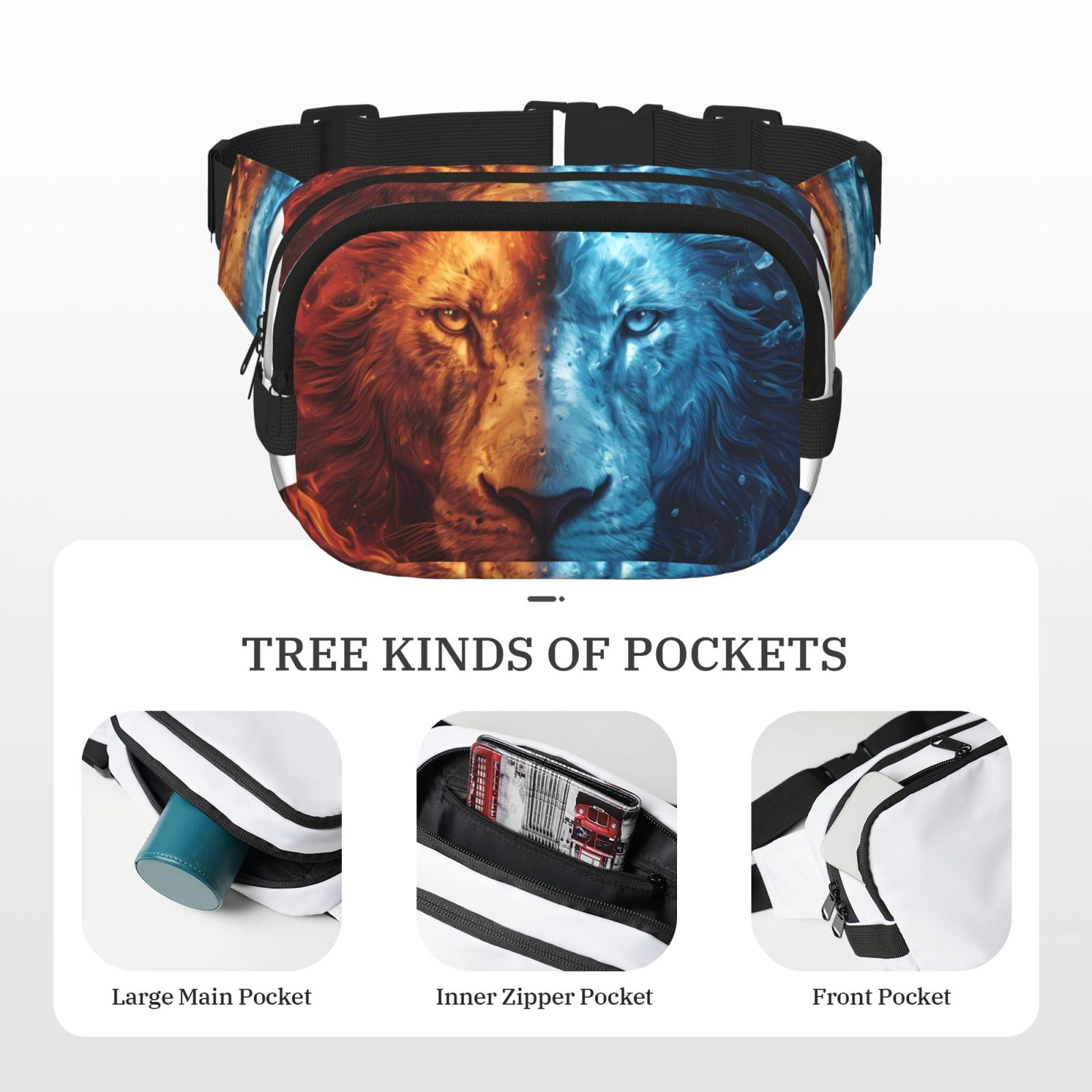 Hirioo Red And Blue Fire Lion for Double Layer Waist Bag Adjustable Fanny Pack For Travel Running Hiking