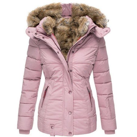 Cnbwig Winter Hooded Jacket for Womens Full Zip Front Lined Windproof Outerwear Padded Jacket for Cold Weather Cozy Casual Wear Pink S