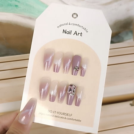Pure desire to wind taro purple gradual change broken diamonds wear armor, fine flash light luxury commuter manicure 24 pieces fake nails direct wholesale