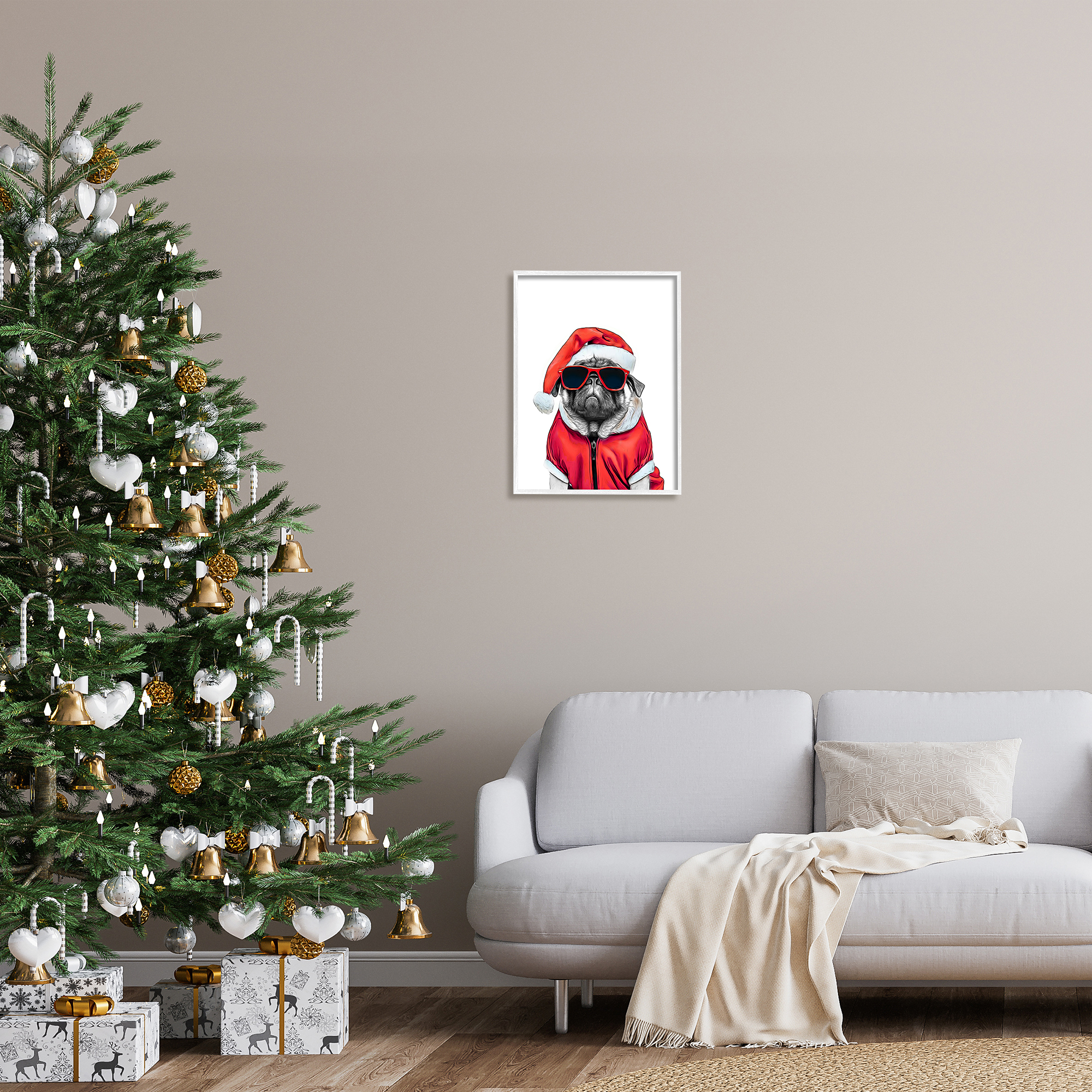 Stupell Industries Funny Pug Santa Hat Holiday Painting White Framed Art Print Wall Art, 16 x 20