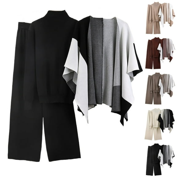 Ashirexll Womens Winter Sets, Outfits for Women, Fall Winter Knitting Sweater Shawl Cape and Wide Leg Pants 3 Piece Long Sleeve Set