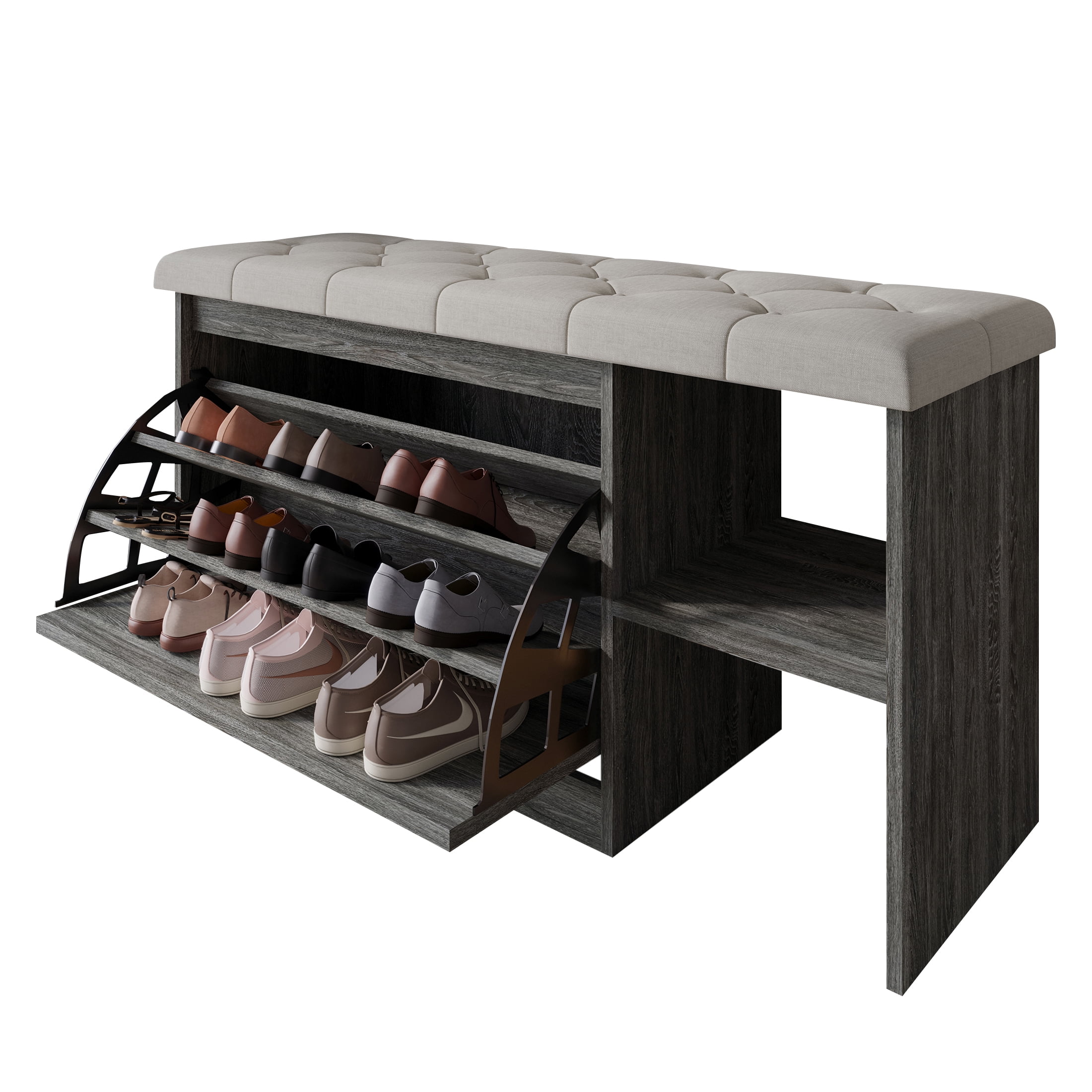 Castle Place Upholstered 41"L x 22" H Bench with Shoe Storage, Dark Grey