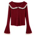 thumbnail image 4 of ZHOGXU Lightweight Knit Cardigan For Women Lace Trim Turndown Collar Button Front Sweater Jacket Elegant,Vacation,Red,XXL, 4 of 4
