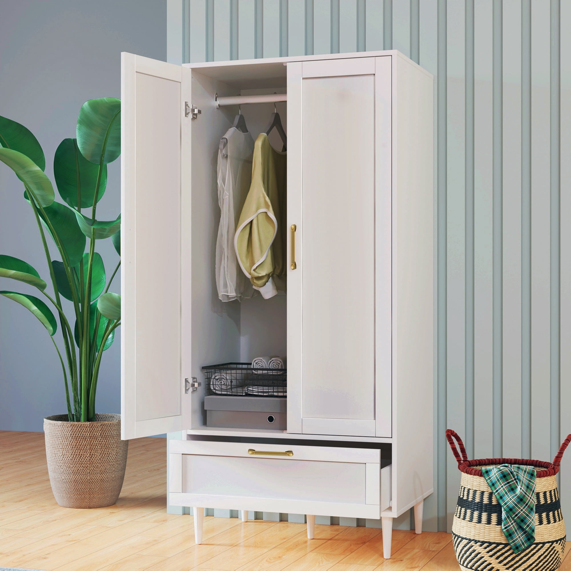 Hodedah Two Door Wardrobe with Two Drawers and Hanging Rod plus