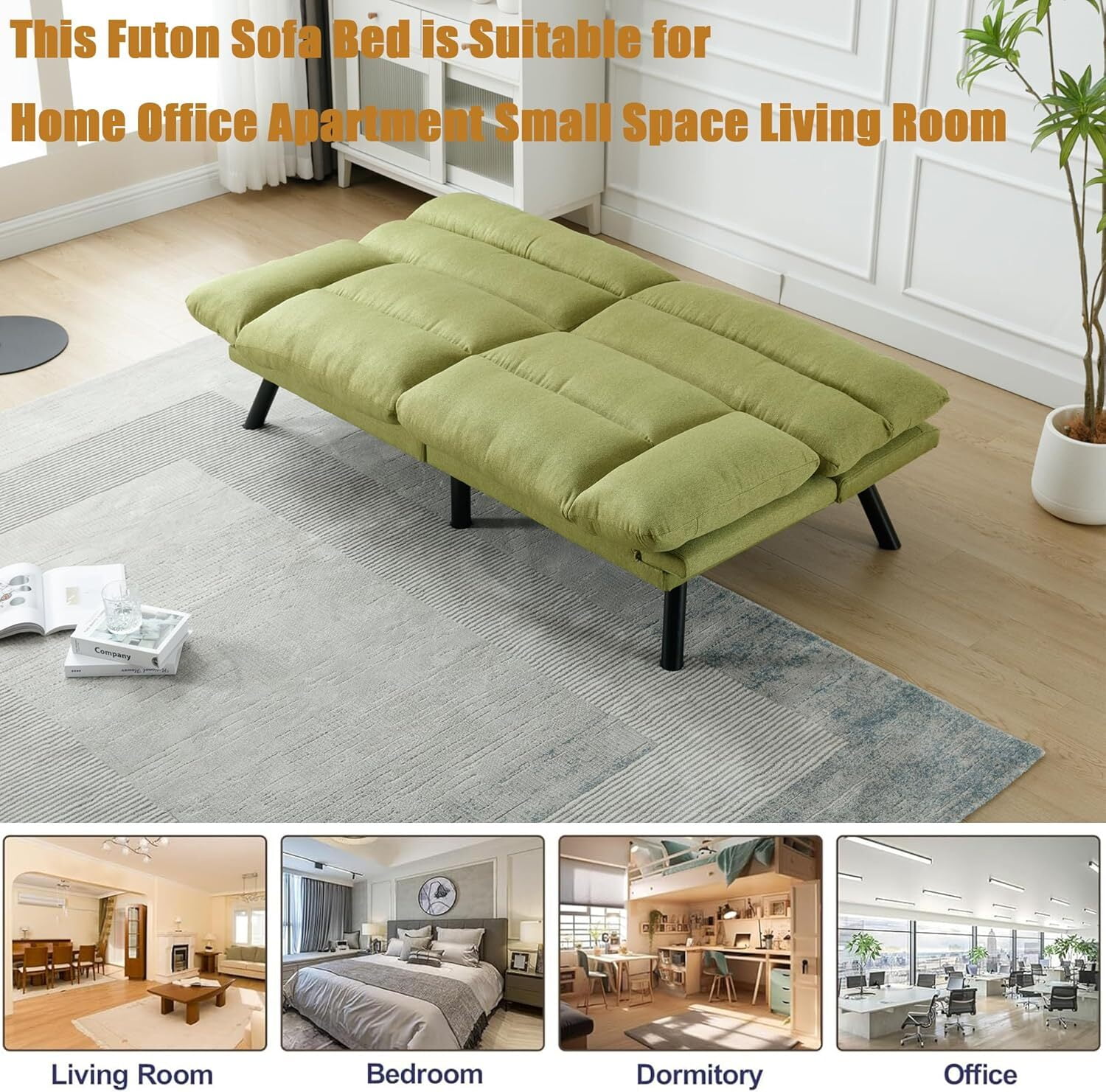 AENKYO Futon Loveseat Sofa Bed 2-Seater, Adjustable Backrest Convertible Sleeper - Green
