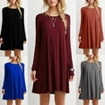 thumbnail image 1 of Mode Robe de Dame de Couleur Unie Col Rond Manches Longues Femmes Robe Courte, 1 of 4