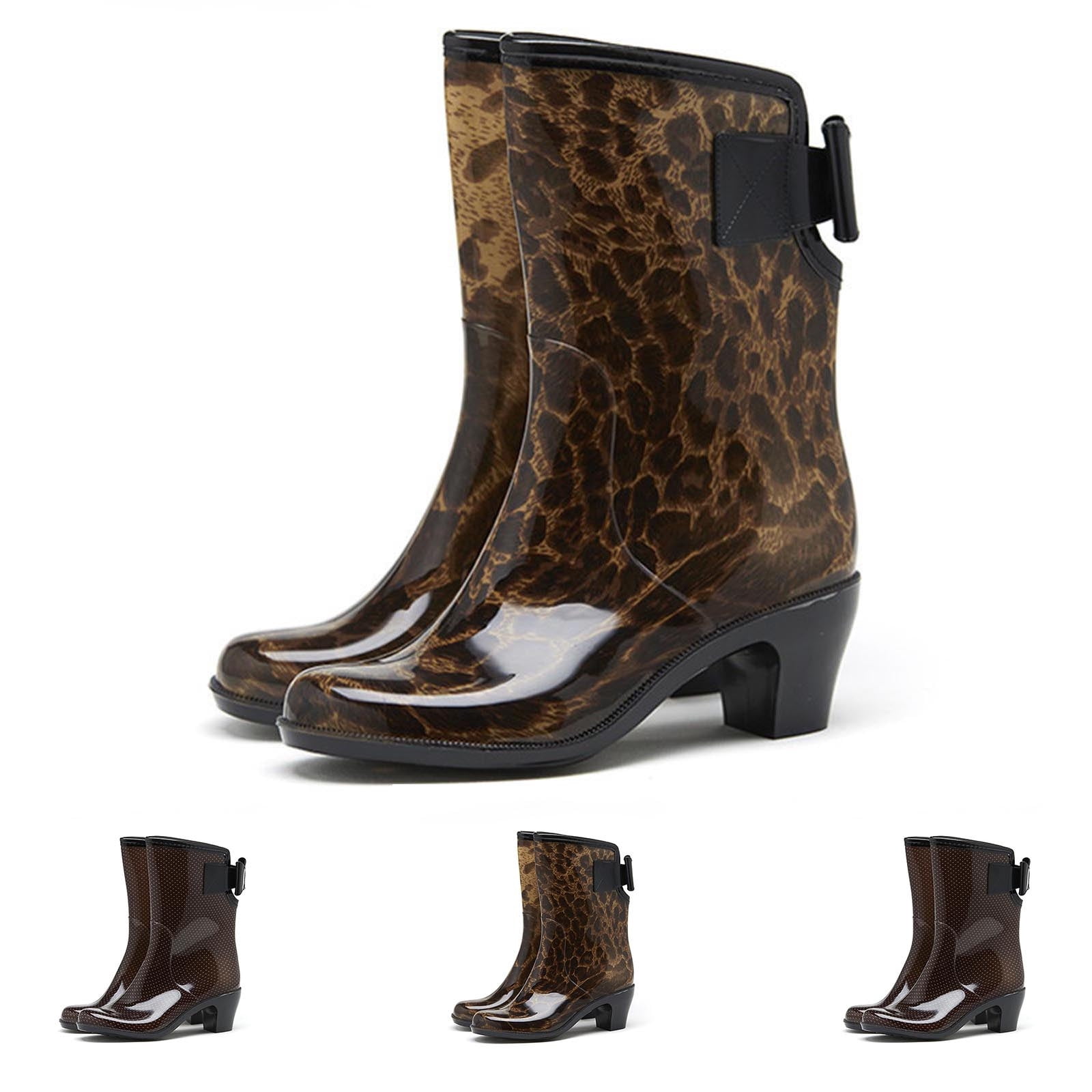 Xfvqtps Rain Boots for Women Mid Calf Chunky Mid Heels Bowknot Leopard Print Spot Motorcycle Boots Waterproof Non Slip Rubber Sole Outdoor Work Rain Shoes Brown