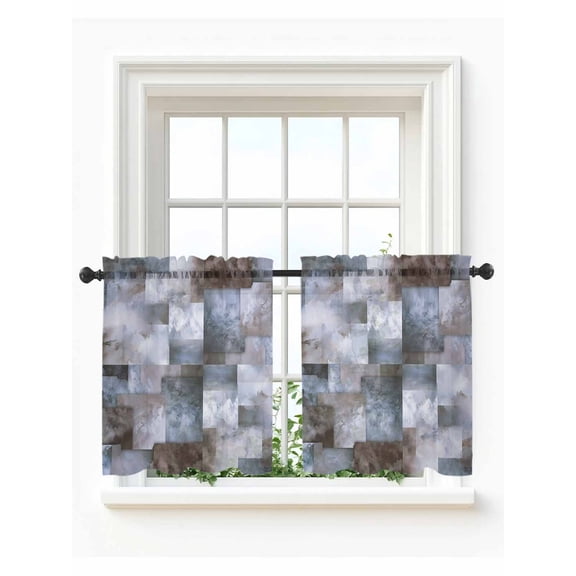 Grey Blue Brown Tier Curtains 36 Inch Length,Sheer Curtains for Bedroom Living Room Window Abstract Gradient Color Blocks Geometric Small Half Window Kitchen Curtains & Drapes 27.5"x36" 2 Panels