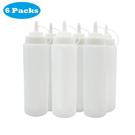 6-pack Plastic Squeeze Condiment Bottles for Mustard Dressing Ketchup BBQ Sauce Mayonnaise Syrup Honey, 8 oz Condiment Containers with Clear No Leak Tip Cap Plastic squirt Bottle