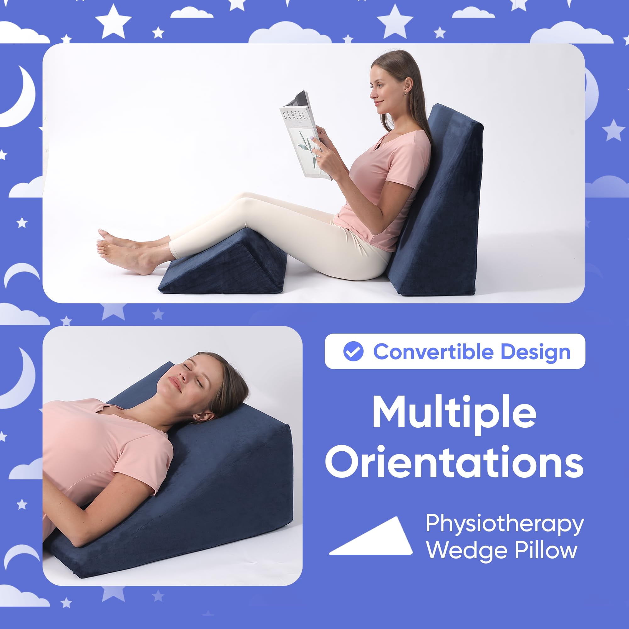 AllSett Health Bed Wedge Pillow Set – 2-Piece Memory Foam Support Cushions for Back, Legs & Knees, Navy