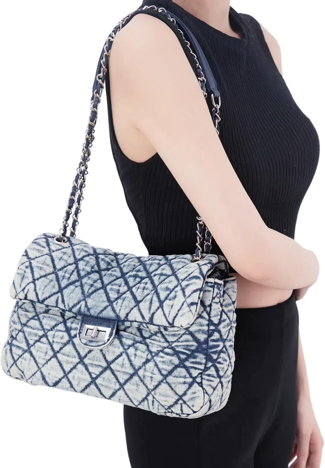 NANAHuang Retro Quilted Denim Purses for Women Crossbody Tote Bag for Womens Shoulder Bags Chain Over Washed Jeans Handbags Black Blue