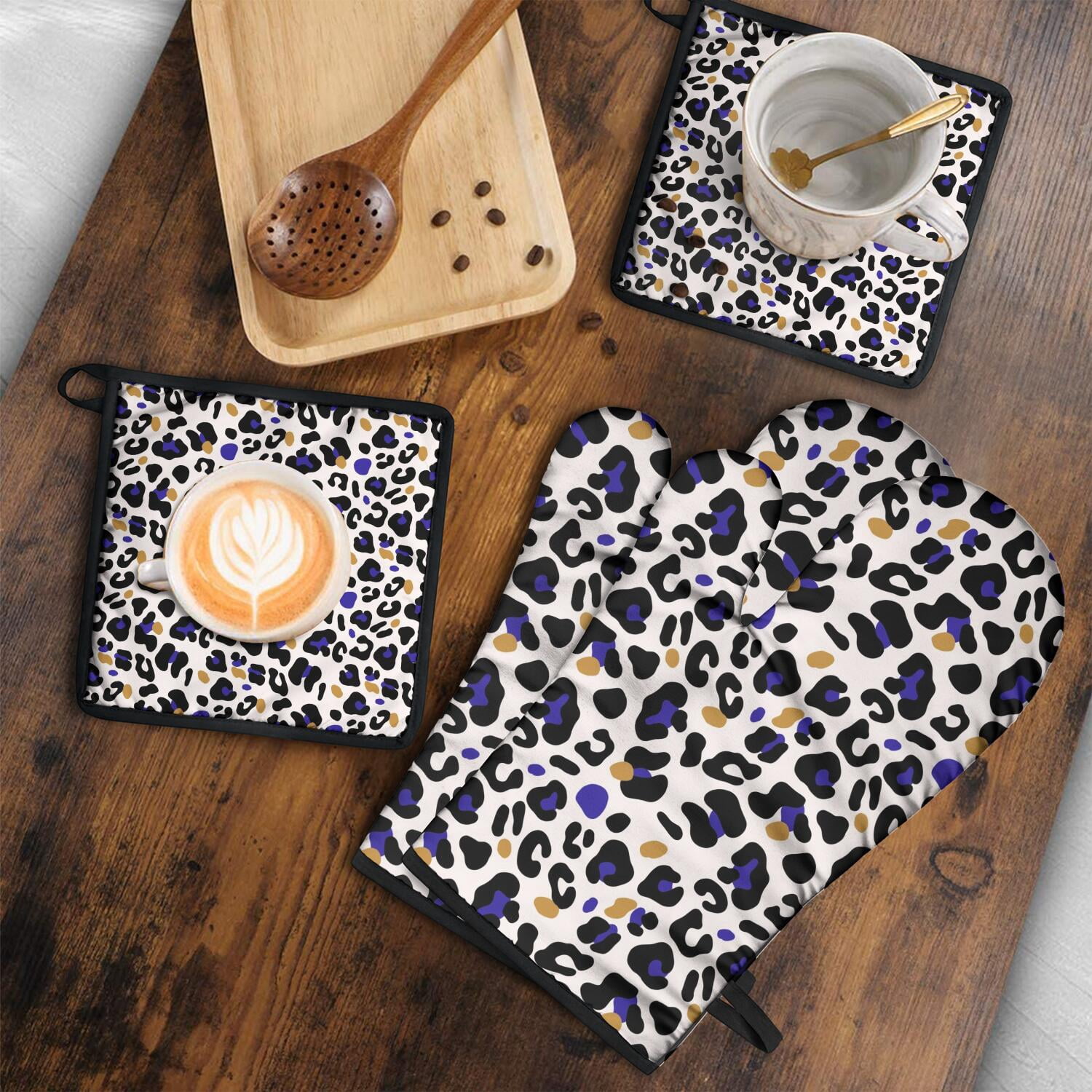 Leopard Print Oven Mitts and Pot Holders Set Of 4, Heat Resistant Kitchen Gloves with Non-Slip Grip, Hanging Loop, Soft Cotton Lining for Baking, Cooking, Grilling, Barbecue