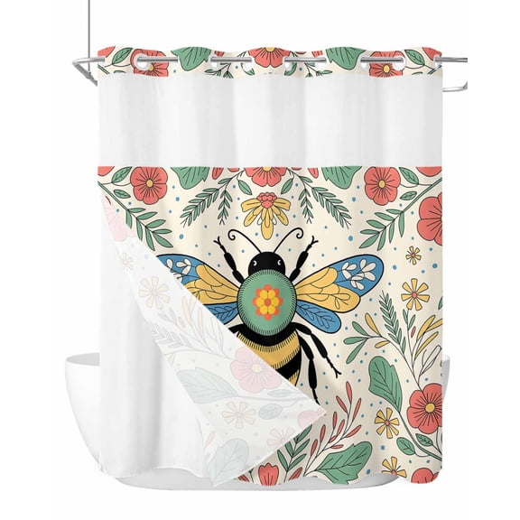 No Hook Cloth Fabric Shower Curtain with Snap in Liner, Bee Flowers Waterproof Shower Curtains Set with See Through Top Window, Farmhouse Retro Botanical Floral Dots Bath Curtains Shower 72"x78"