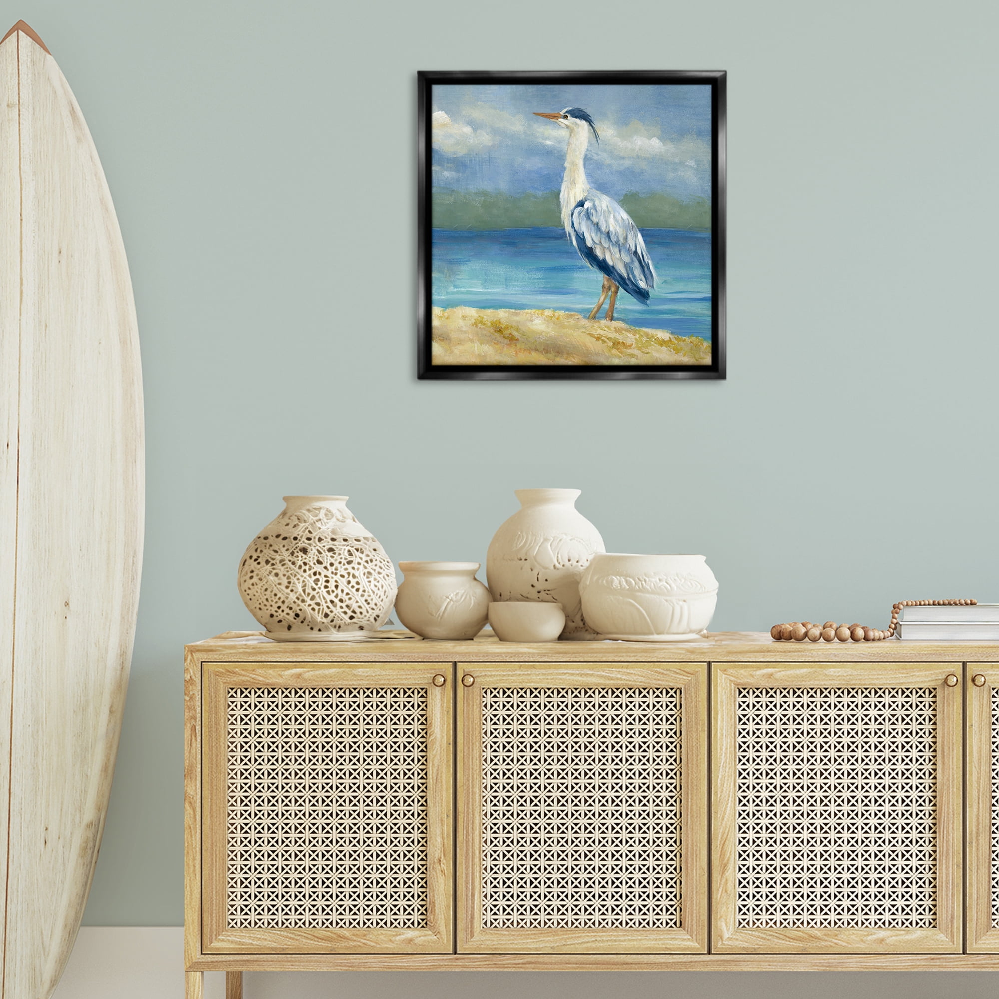 Stupell Industries Heron on Cloudy Beach Nautical & Beach Painting Black Floater Framed Canvas Art Print Wall Art, 25 x 25