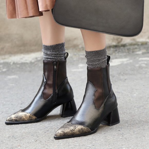 HKEJIAOI Booties for Women Women's Winter Warm Leather Patchwork Vintage Thick Mid Heel Zipper Rider Ankle Boots