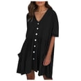 thumbnail image 2 of ZHOGXU Womens Casual Dress Short Sleeve V Neck Solid Color Buttons Fashion Comfortable Elegant Dresses With Pockets For Casual Daily Wear,Black,Xl, 2 of 7