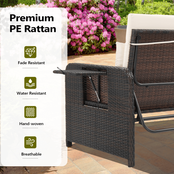 Patio Rattan Daybed Set, 2-in-1 Wicker Loveseat Sofa with Multipurpose Ottoman & Retractable Side Tray, 5-Level Adjustable Backrest, Footstool with Storage, Seat & Back Cushion Included, Brown