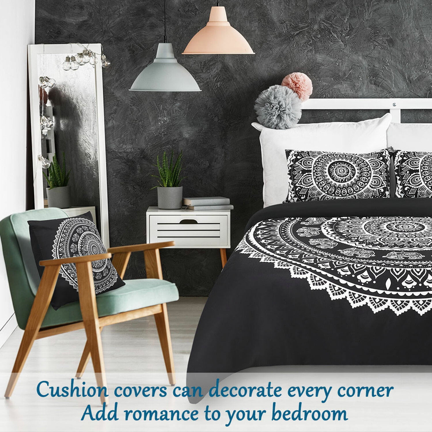 PiccoCasa 5-Piece Bohemian Duvet Cover Set Polyester Bedding Set Queen Black