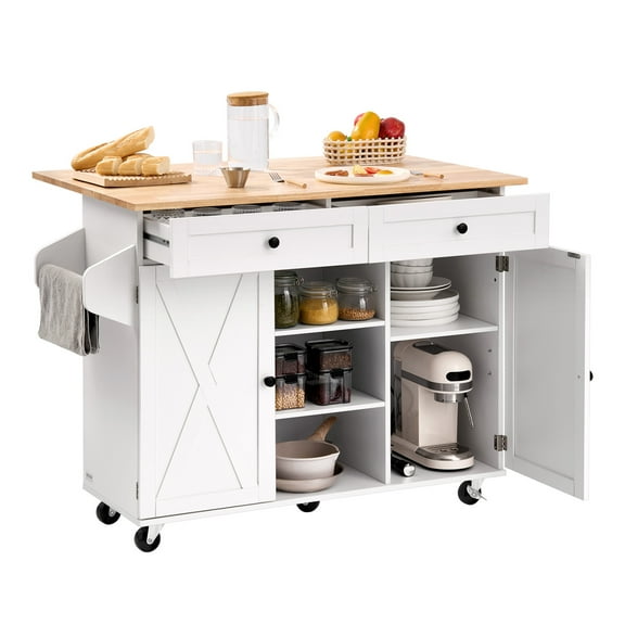 VEVOR Kitchen Island Cart, with Solid Wood Top and Storage Cabinet, Mobile Rolling Table with Drop Leaf,Drawers, Spice Towel Rack,Portable Islands on Swivel Wheels for Dining Room,52in Width,White