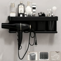 Yalumo Hair Dryer Holder Wall Mounted, Aluminum Blow Dryer Holder Rack Hair Tool Organizer Storage with Shelf, Universal Hair Dryer Stand Blow Dryer Organizer for Bathroom, Vanity, Black