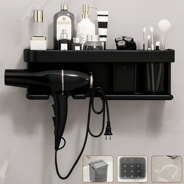 Yalumo Hair Dryer Holder Wall Mounted, Aluminum Blow Dryer Holder Rack Hair Tool Organizer Storage with Shelf, Universal Hair Dryer Stand Blow Dryer Organizer for Bathroom, Vanity, Black