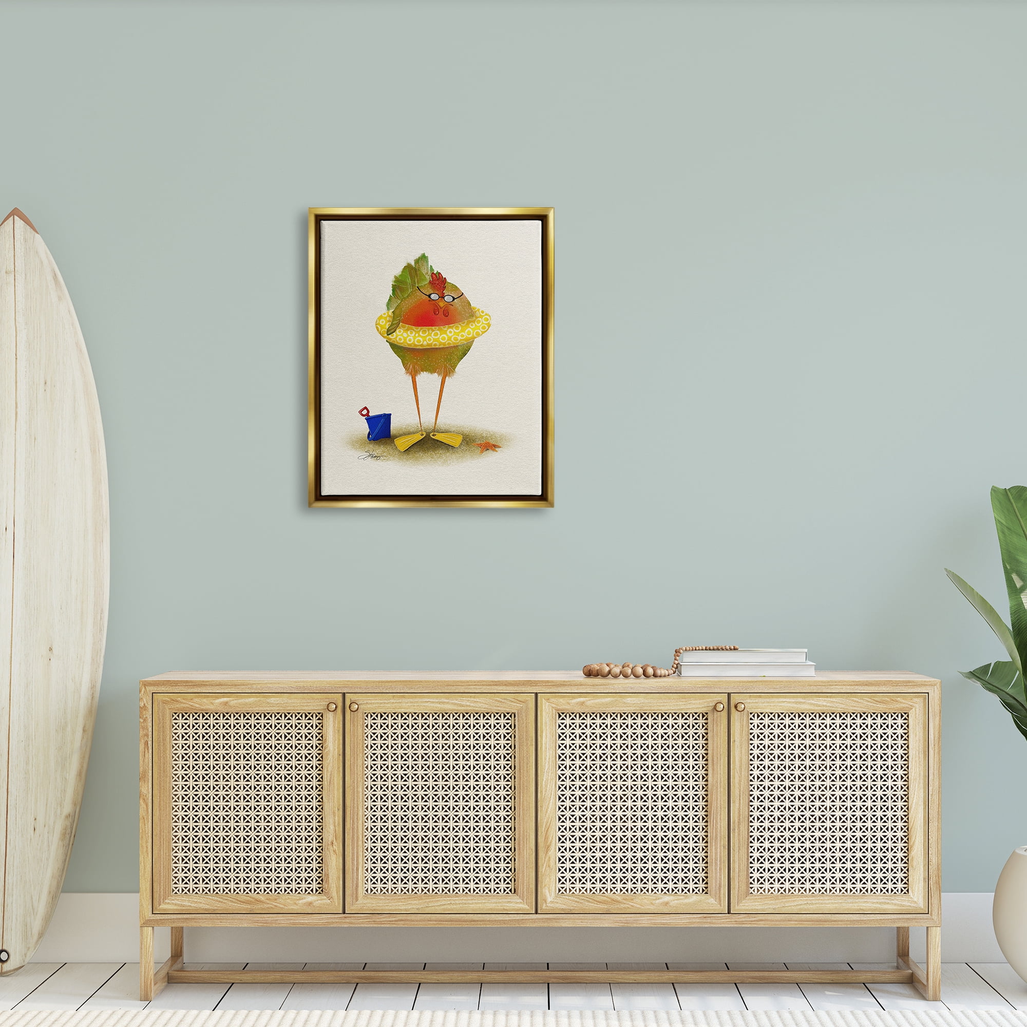 Stupell Fun Whimsical Bird Beach Tube Landscape Painting Gold Floater Framed Art Print Wall Art