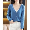 thumbnail image 7 of Womens V Neck Button Front Cardigan Long Sleeve Ribbed Trim Lightweight Sweater Casual Layering Tops for Fall Winter Dark Blue 2XL, 7 of 7