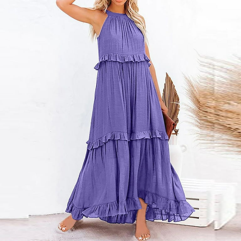 Outfmvch Womens Dresses Summer Sleeveless Long Solid Color Loose Halter Neck Ruffle Maxi Beach Casual Dress Purple L, Women's, Size: Large