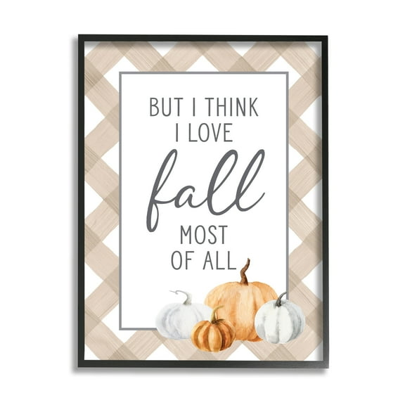Stupell Industries Love Fall Most Of All Autumn Pumpkins Plaid Border Graphic Art Black Framed Art Print Wall Art, Design by Lettered and Lined