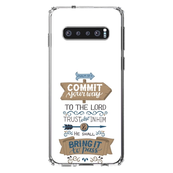 DistinctInk Clear Shockproof Hybrid Case for Samsung Galaxy S10 (6.1" Screen) - TPU Bumper, Acrylic Back, Tempered Glass Screen Protector - Psalm 37:5 - Commt Your Way to the Lord