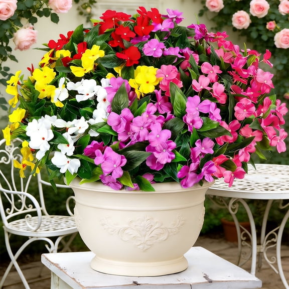 5 Pcs Artificial Flowers for Outdoors Silk Impatiens Flowers Bouquet Decorations Fake Faux Plants UV Resistant for Spring Summer Garden Porch Patio Window Box Balcony Planters Home Decor,Multicolor