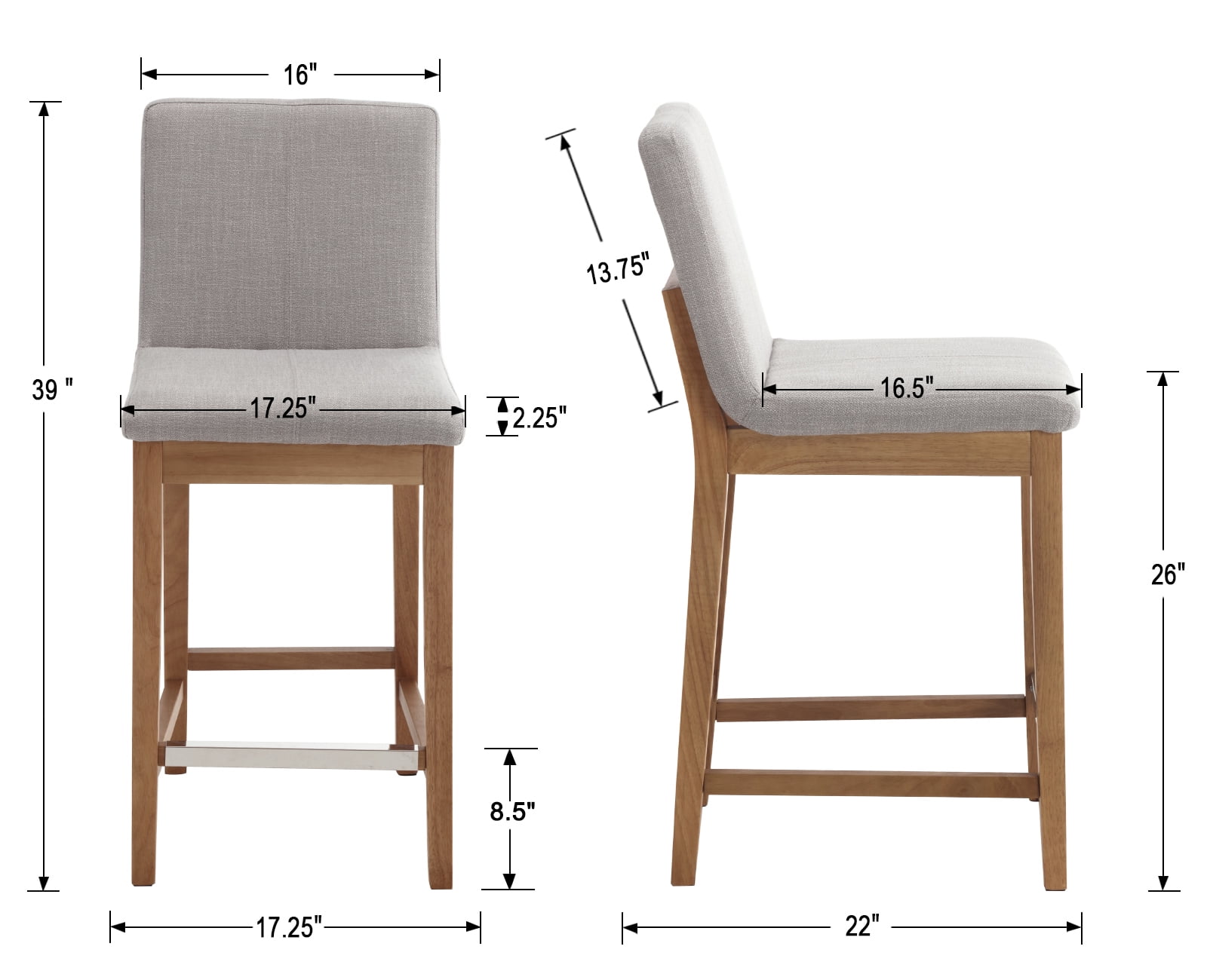 Guyou 26" Counter Height Bar Stools Set of 2, Modern Linen Upholstered Barstools, Rustic Farmhouse Wooden Kitchen Island Chairs with Backrest and Footrest for Dining Room Home Bar Patio Club, Grey