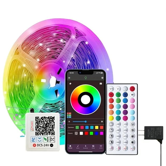 Zootealy 24V RGB LED Strip Light Kit with 44-Key Infrared Bluetooth Controller, Static Cling, Music Sync, and Thin Bluetooth Box - 30m (16 LEDs/m) - US Standard