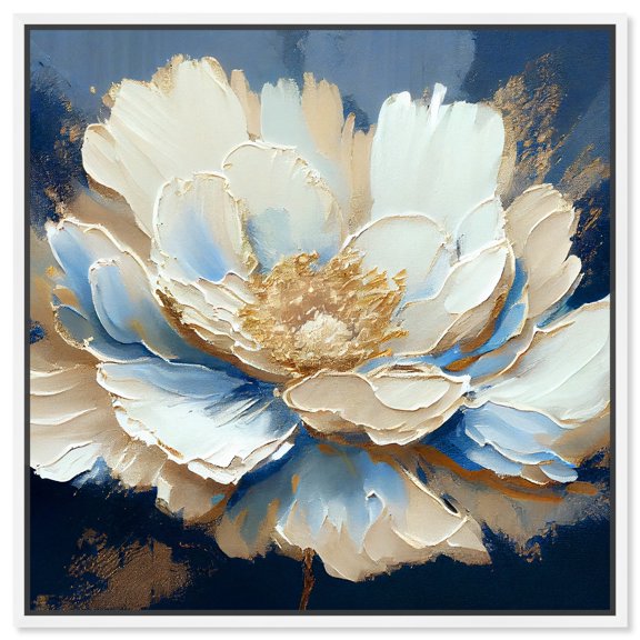Plenitude Navy Canvas Light Colors Flower Art Prints by Art Remedy, White Frame, 30" x 30"