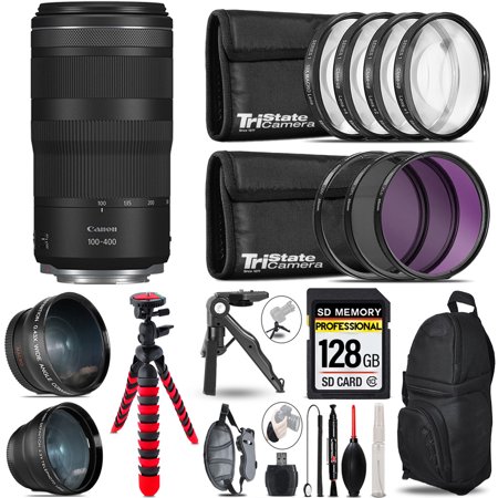 Canon RF 100-400mm f/5.6-8 IS USM Lens - 3 Lens Kit + Tripod + Backpack - 128GB Accessory Bundle