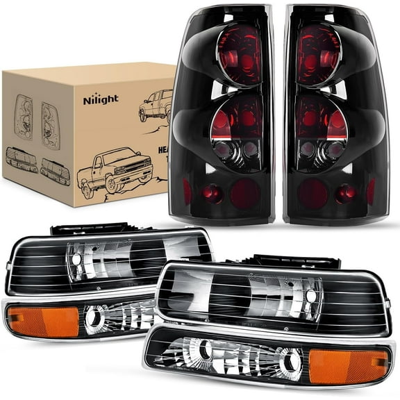 Nilight Headlight and Taillight Assembly Combo Compatible with 1999 2000 2001 2002 Chevy Silverado 1500 2500 1500HD 2500HD 3500 OE Style Black Housing Amber Reflector Smoke