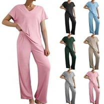 Summer Akafmk Summer Pajama Sets for Womens 2 Piece Lounge Sleepwear,V-Neck Short Sleeve Blouses Tops and Wide-Leg Long Pants Solid Color Women Sets Clothing Outfit