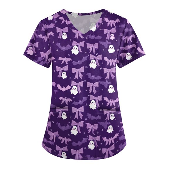 IYYVV Halloween Tops for Women Print V-Neck Short Sleeve Nursing Shirt Uniform with Pocket Purple XL