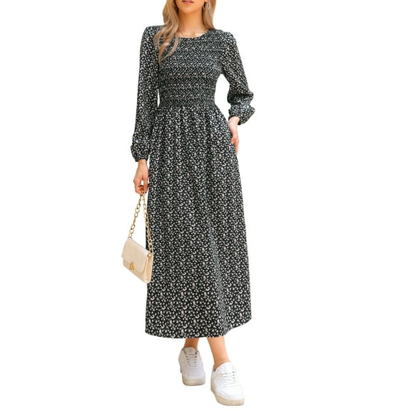 INSPIRE CHIC Floral Smocked Long Dress for Women's Long Puff Sleeve A-Line Summer Boho Maxi Dresses XS Black