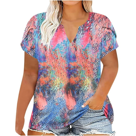 Wycnly Cute Tops for Women Floral Print V-Neck Short Sleeve T shirts Summer Plus Size Fashion Petal Sleeve Loose Breathable Tunic Blouses Multicolor XXXL Under $5