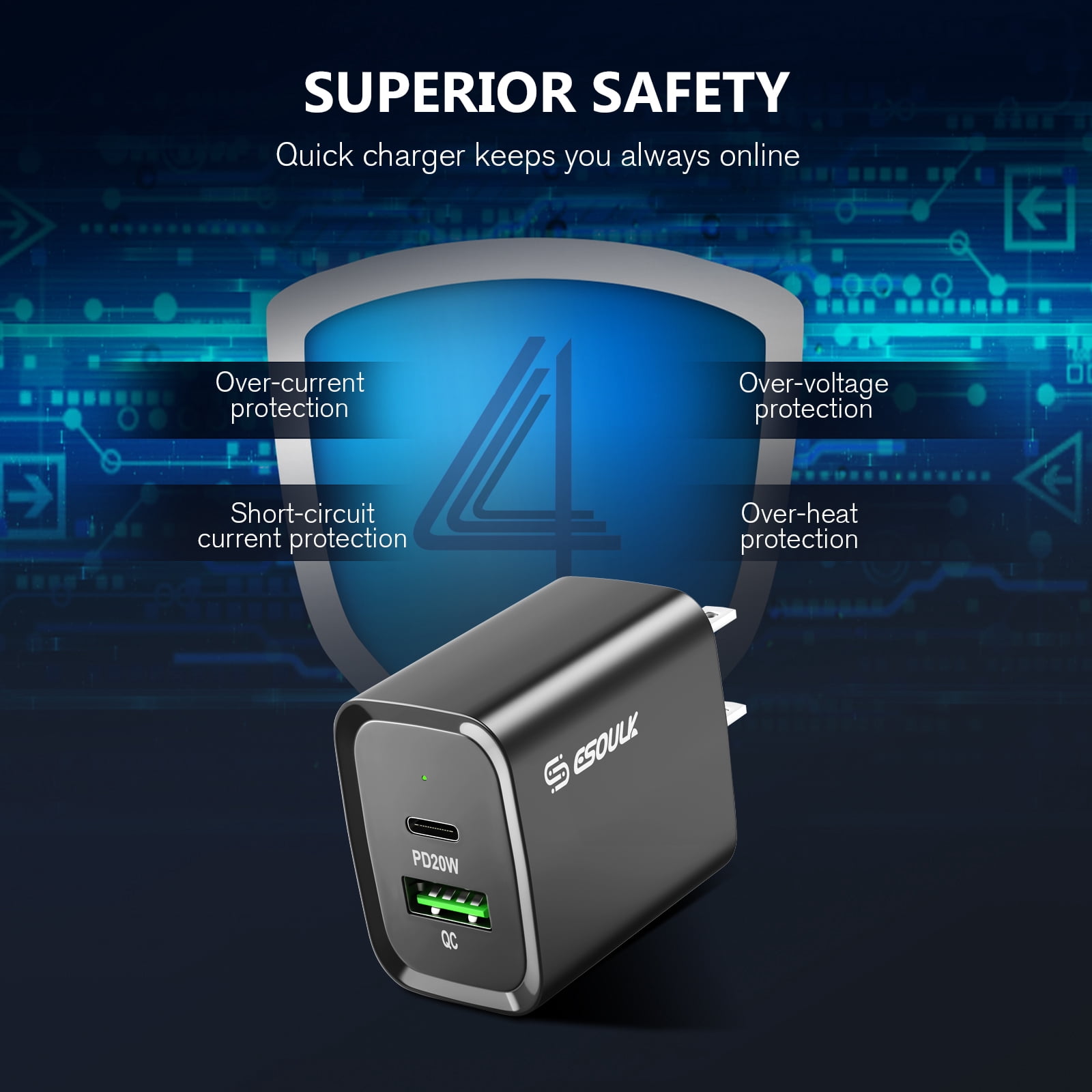 20W USB-C PD 3.0 Power Delivery + 18W Quick Charge 3.0 Fast Wall Charger + USB-C Cable - Black