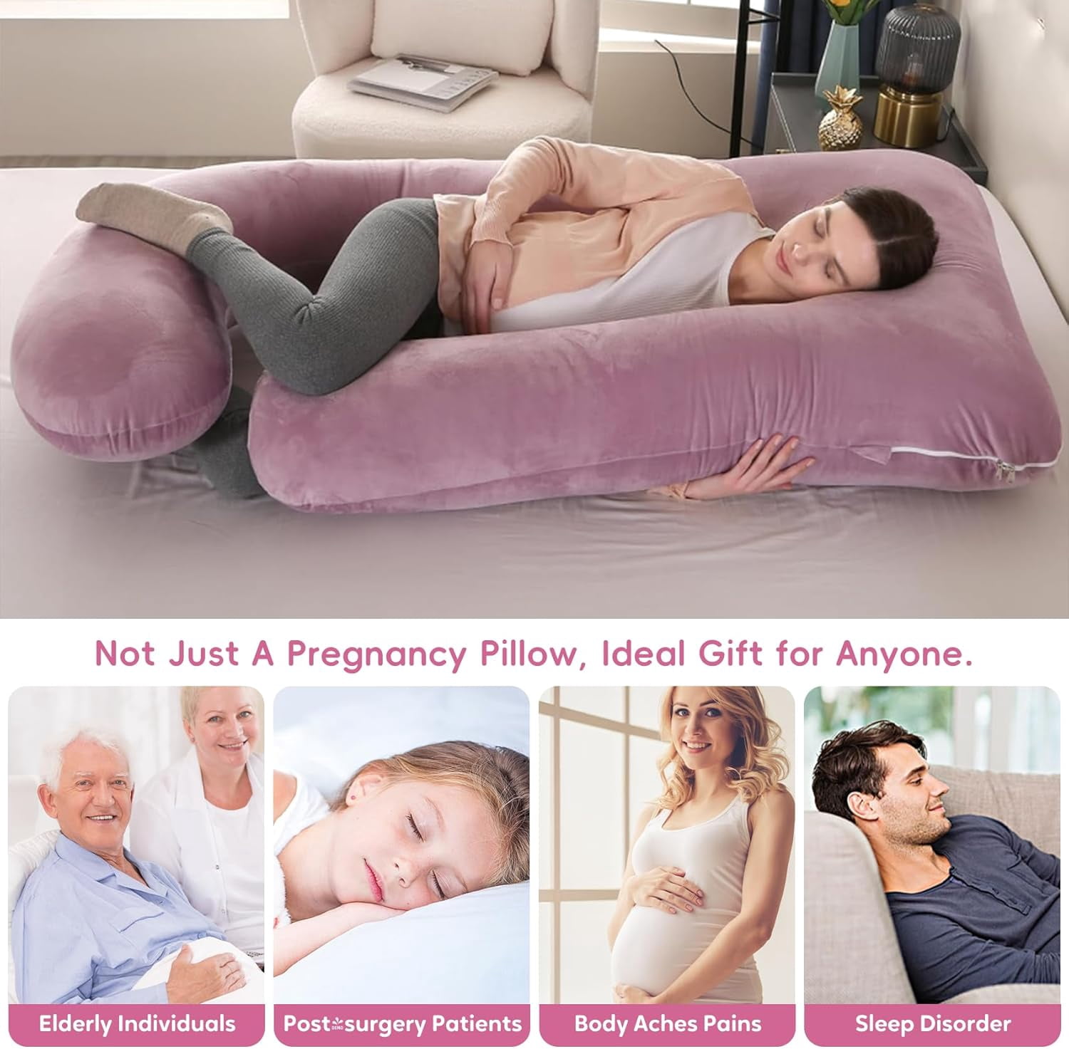 U-Shaped Pregnancy Pillow for Sleeping, Full Body Support for Back, HIPS & Belly -65 Inch Maternity Pillow with Machine Washable Cover | Maternity Essential (Velvet Pink-65inch)