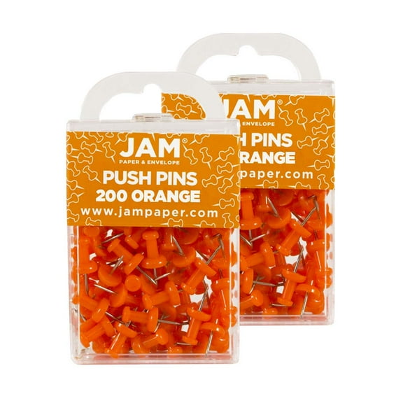 JAM Paper Push Pins, Orange, 2 Packs of 100