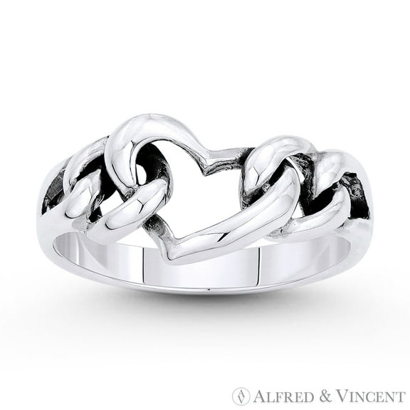 Heart, Curb Links, Splitshank Band Love Charm Ring in Oxidized .925 Sterling Silver