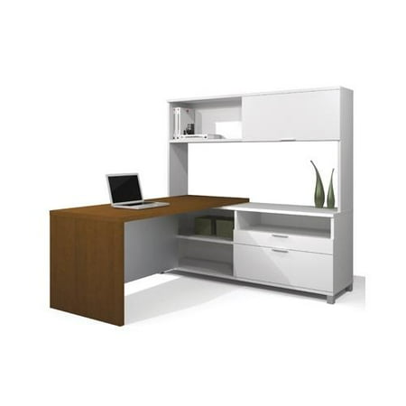 Bestar Pro-Linea L-shaped with Hutch Kit in White & Cognac Cherry BER12085217
