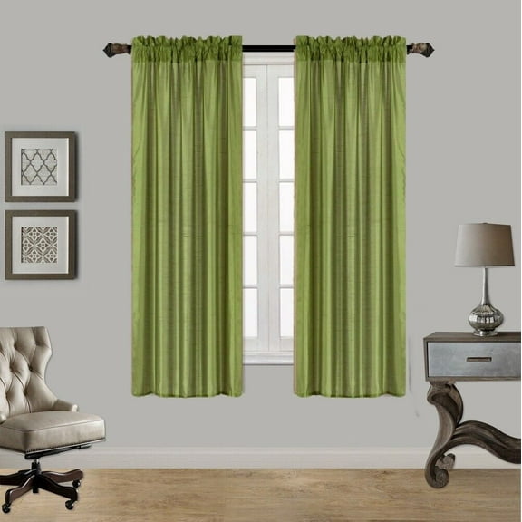 2PC LIME GREEN Tone Faux Silk Window Curtain Treatment, Set of Two (2) Solid Semi Sheer Panels 55 " W x 63" L (Each PC )ANY