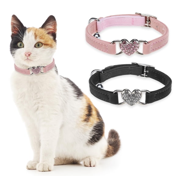 Miaocao 2 Pack Diamond Cat Collar with Bells and Safety Belt, Adjustable Soft Velvet Kitten Collar with Bling Heart Jewelry, Cute Purple & Pink Cat Collars for Girls & Boys(Neck Girth 8"-10")