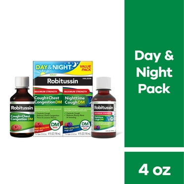 Robitussin Maximum Strength Cough   Chest Congestion DM and Maximum Strength Nighttime Cough Dm, Cough Medicine, Berry Flavor - 4 Fl Oz Bottles (Pack of 2)