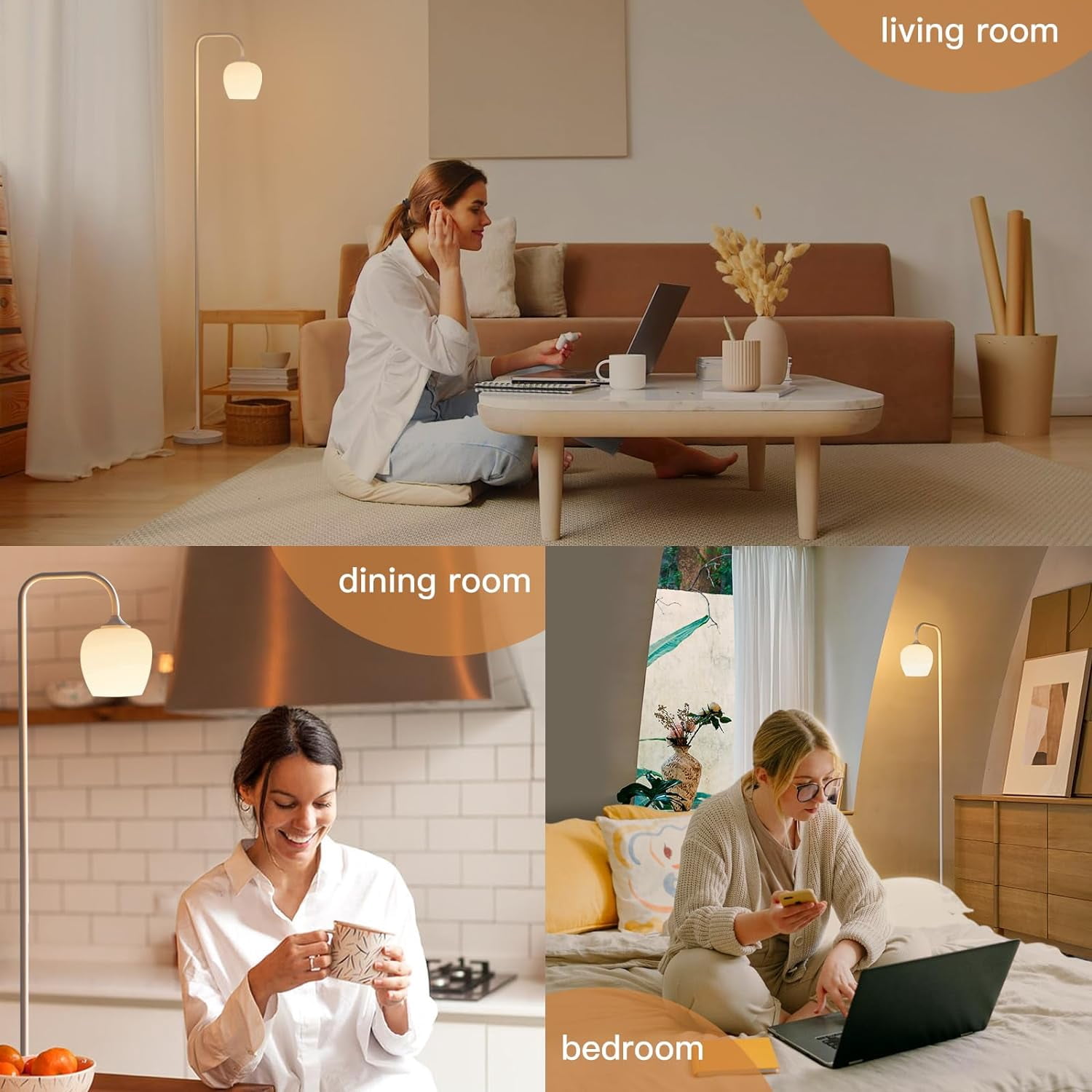 ONEWISH 65" Floor Lamp for Living Room, Modern Standing Lamp with Opal Glass Lamp Shade, Safe Tall Floor Lamp with LED Bulb and Foot Switch for Bedroom(White)